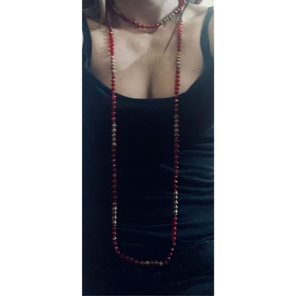 PRETTY RED AND BROWN LAYERED BEAD NECKLACE - Picture 1 of 6